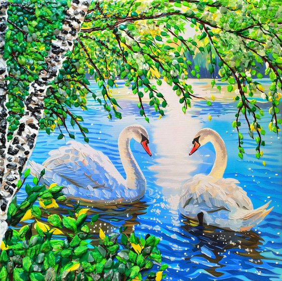 Two beautiful white swans in love on a summer lake (pond).  Decorative acrylic painting with precious stones. City landscape. Positive sunny good mood warm artwork. A wonderful gift for a couple, lovers, Wedding, Anniversary