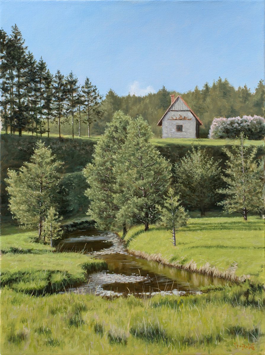 Impressionistic Landscape Oil Painting By Dejan Trajkovic, 22 X 30, Old House On The Hill, Original Artwork