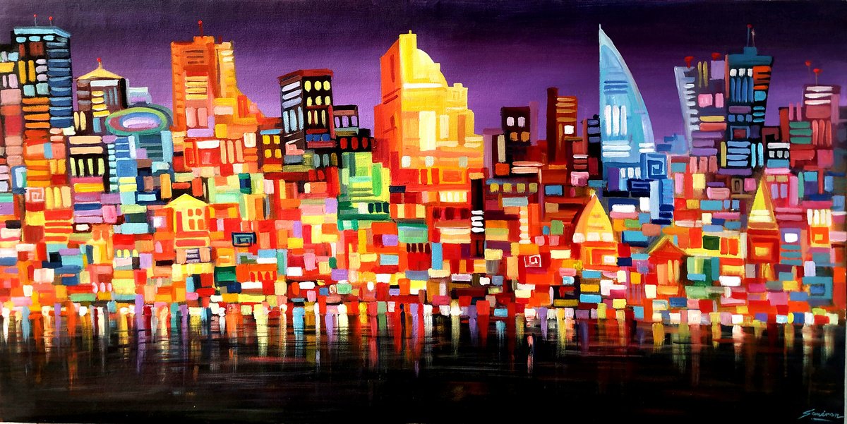 Abstract Cityscapes Acrylic Painting By Samiran Sarkar, 48 X 24", Night City Skyline, Original Artwork