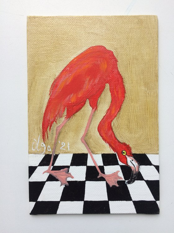 Bird portrait of a flamingo on a chessboard, gift idea for bird lover