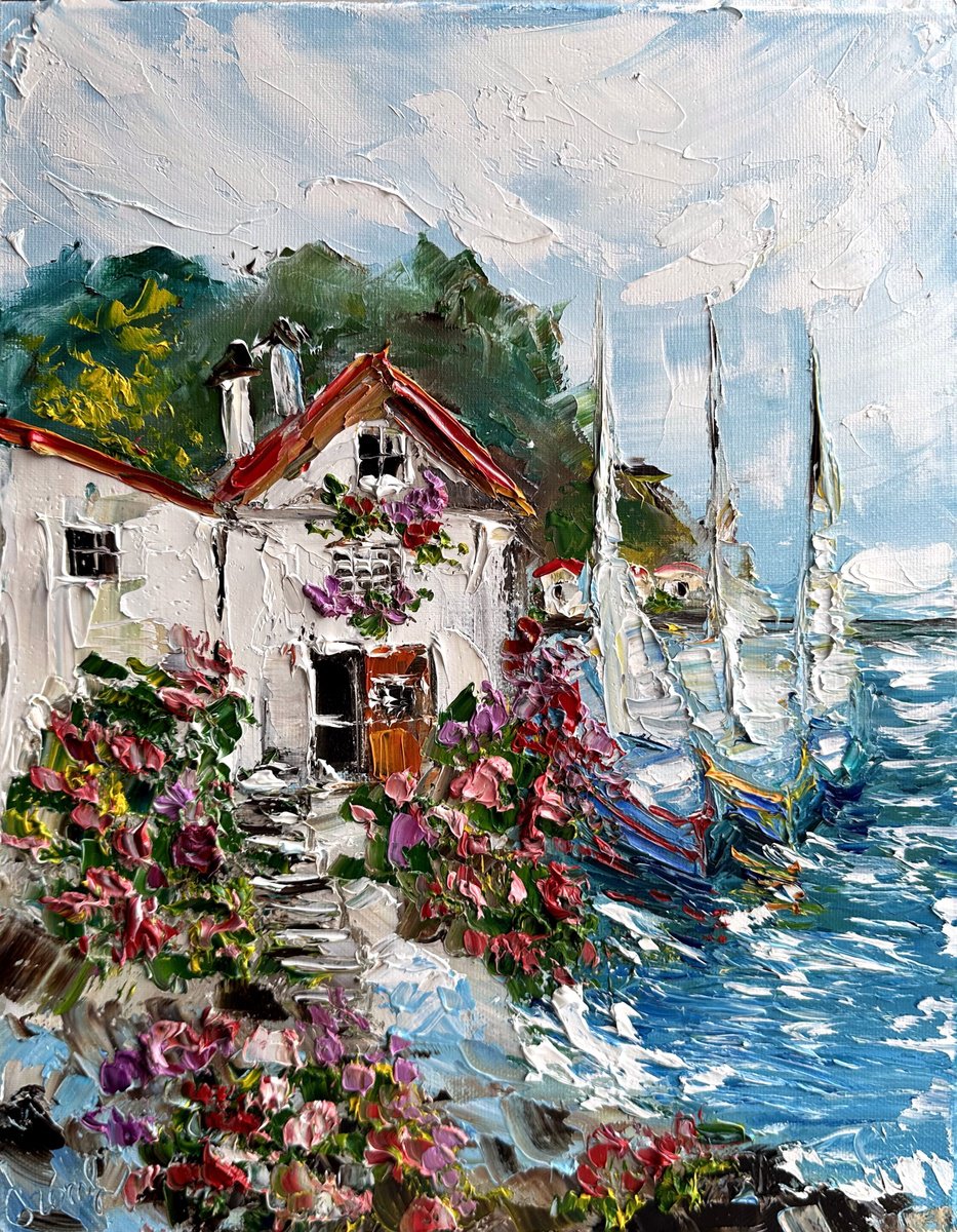 Impressionistic Landscape Oil Painting By Oksana Fedorova, 12 X 16", Italy Seascape Coast, Original Artwork