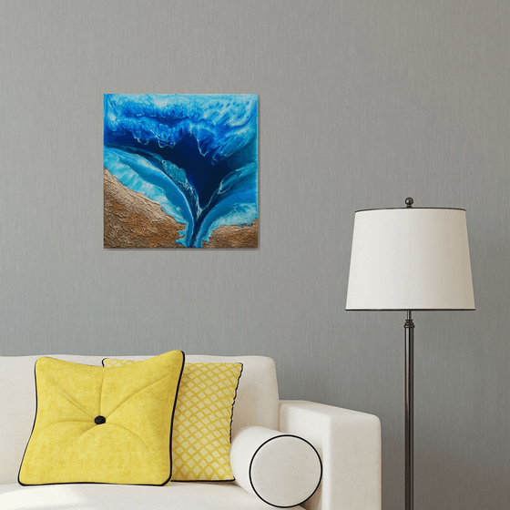 Blue lagoon - original textured artwork, epoxy resin, gold, cooper on canvas