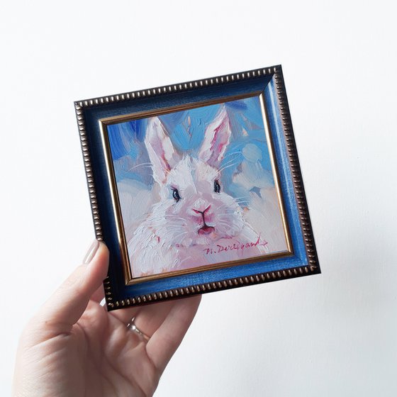 Funny rabbit oil painting original art 10x10 cm, White Bunny illustration nursery wall art