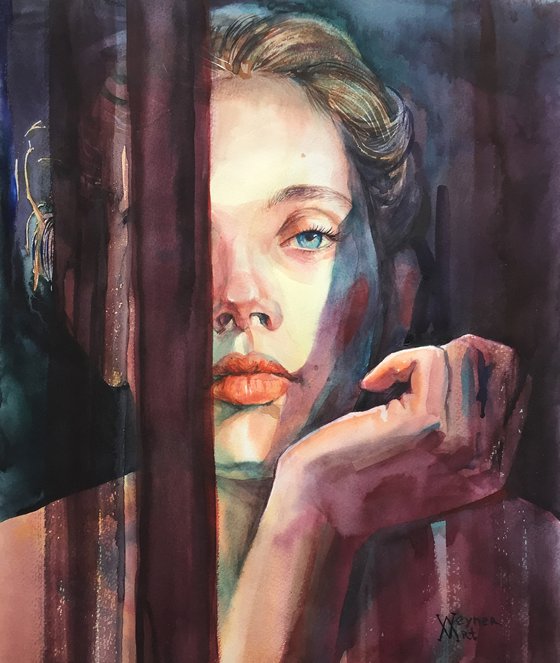 Female portrait. Riddles and shadows. Original watercolor.