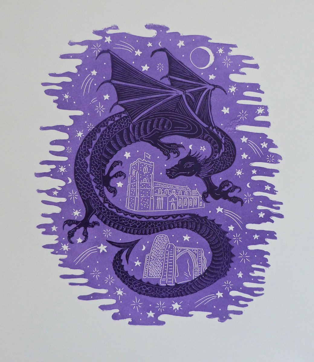 Expressive Animal Linocut By Kate Willows, 15 X 19", The Ludham Dragon, Original Artwork