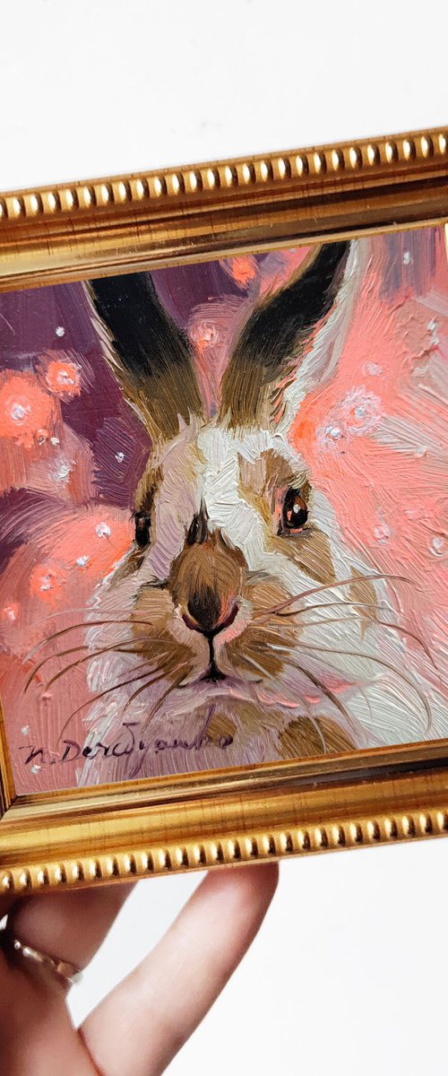Beige white rabbit painting original pink backgroung art framed 4x4 inch, Bunny small painting oil rabbit artwork frame by Nataly Derevyanko