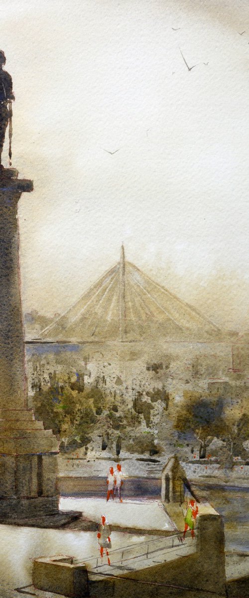 The winner statue and Ada bridge Belgrade 25x36 cm 2024 by Nenad Kojić watercolorist