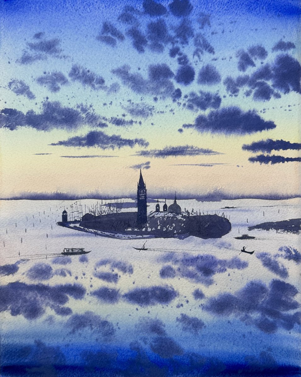 Cityscapes Watercolour By Yuliia Sharapova, 16 X 20", Sunrise In Venice, Original Artwork
