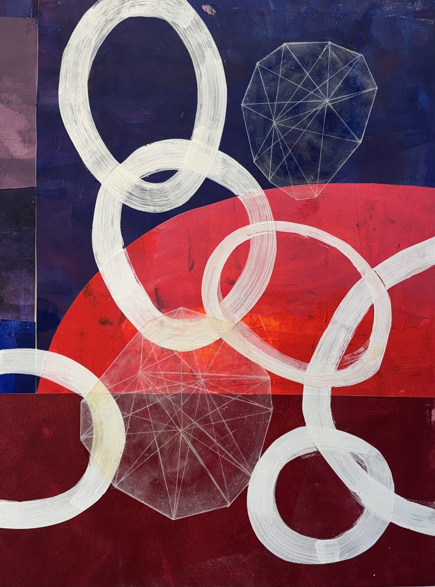 Geometric Abstract Painting By Domenica Brockman, 18 X 24, Macro Micro Red, Original Artwork