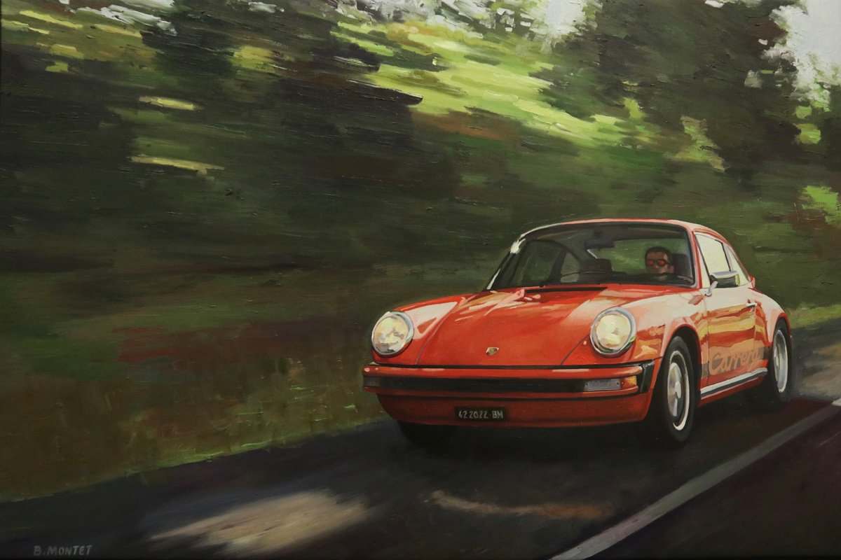 Photorealistic Transport Oil Painting By Benoit Montet, 38 X 26, Orange Carrera , Original Artwork