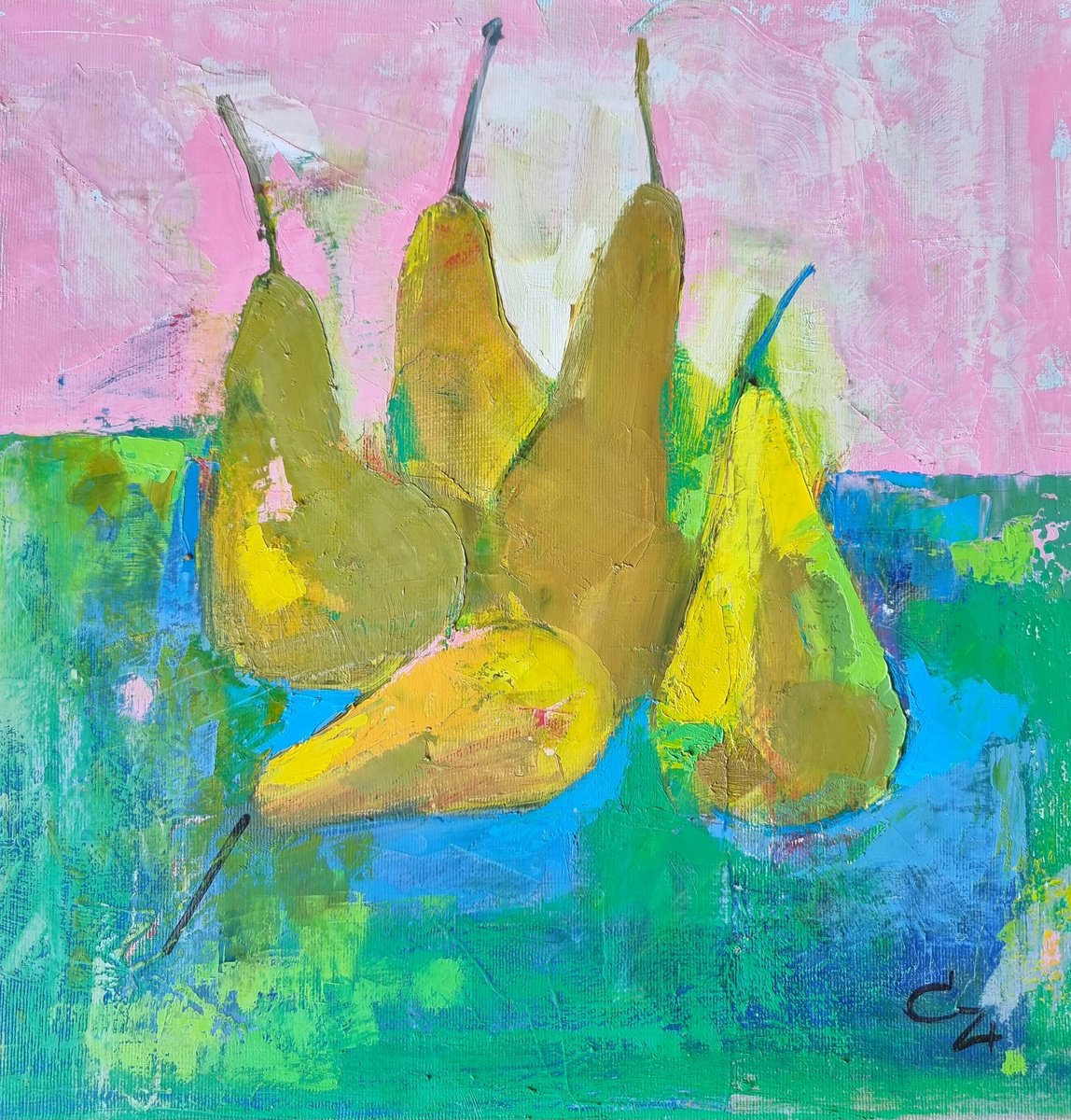 Impressionistic Still Life Oil Painting By Victoria Cozmolici, 16 X 16", Pears, Original Artwork