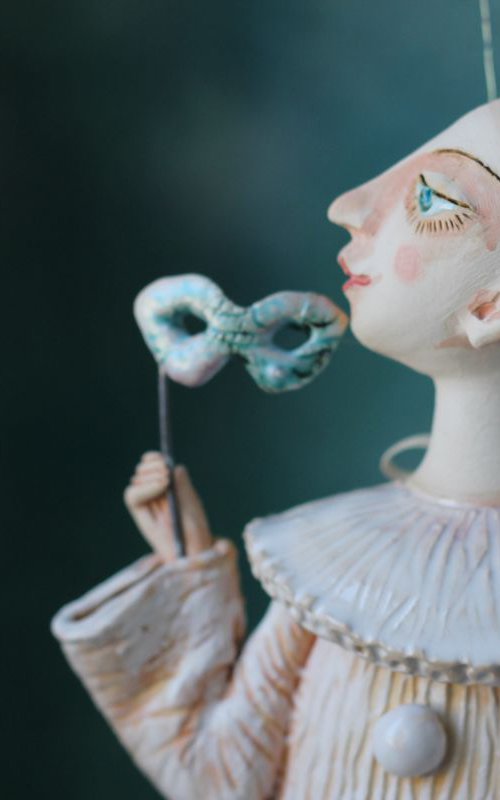 Incognito. Pierrot with a mask Wall sculpture by Elya Yalonetski, by Elya Yalonetski