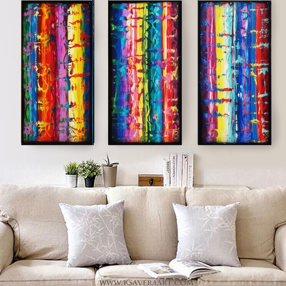 Rainbow A603 Large abstract paintings Palette knife 100x150x2 cm set of 3 original abstract acrylic paintings on stretched canvas