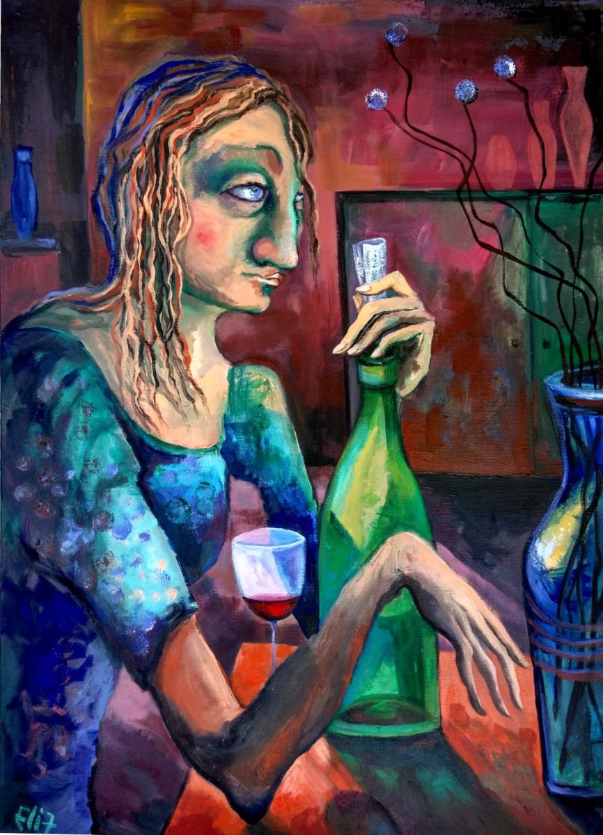 Expressive Portrait Acrylic Painting By Elisheva Nesis, 20 X 28, Message In A Bottle, Original Artwork
