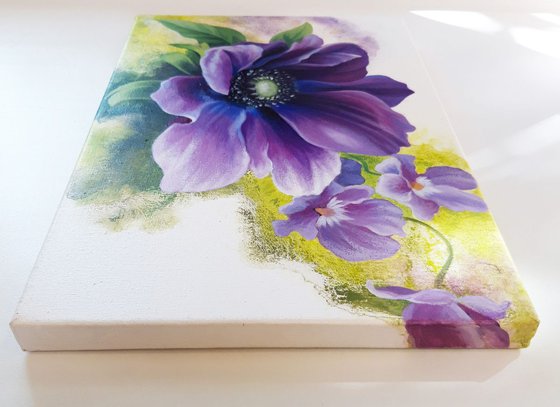 Acrylic small floral painting, mixed-media flowers art, gift for woman