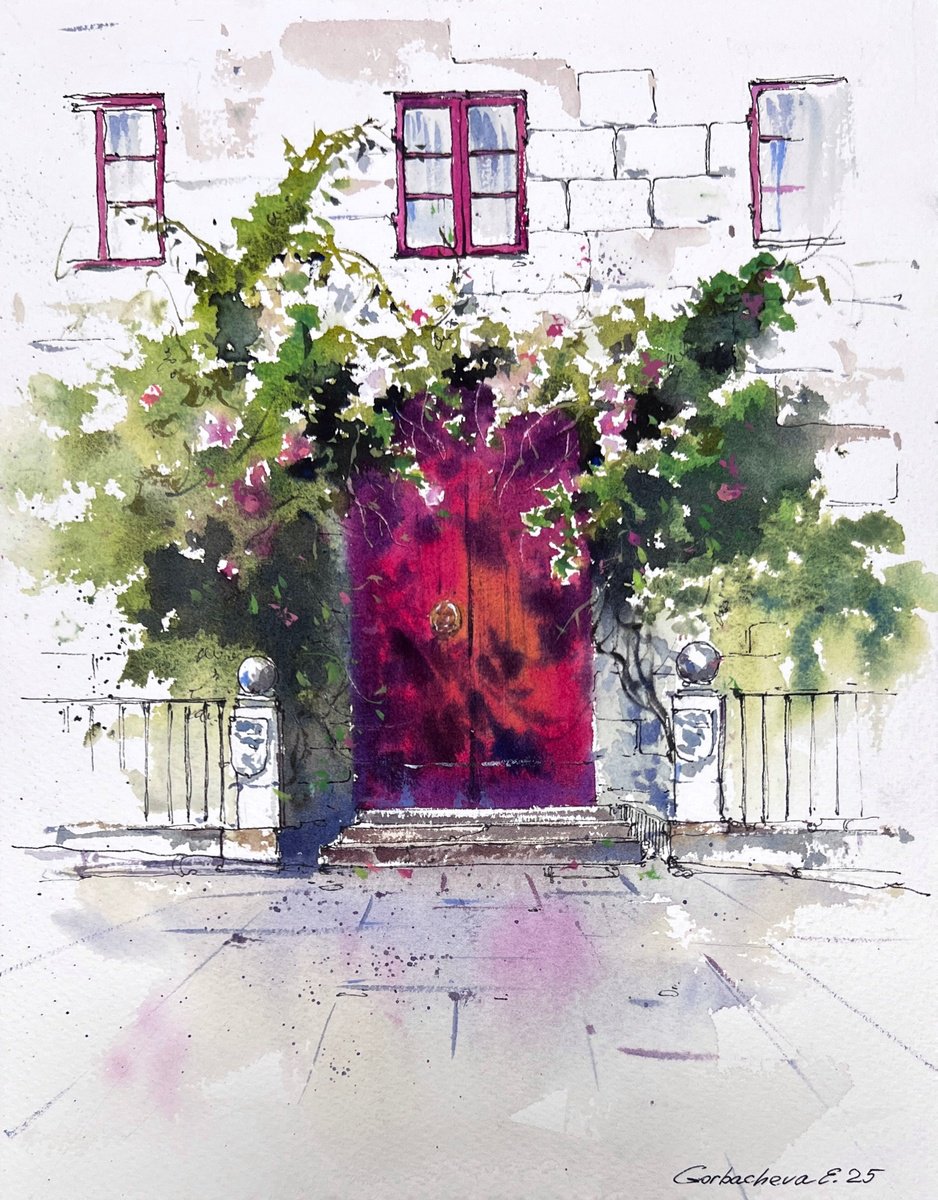 Impressionistic Cityscapes Watercolour By Eugenia Gorbacheva, 9 X 12, The Red Door Of Spain, Original Artwork
