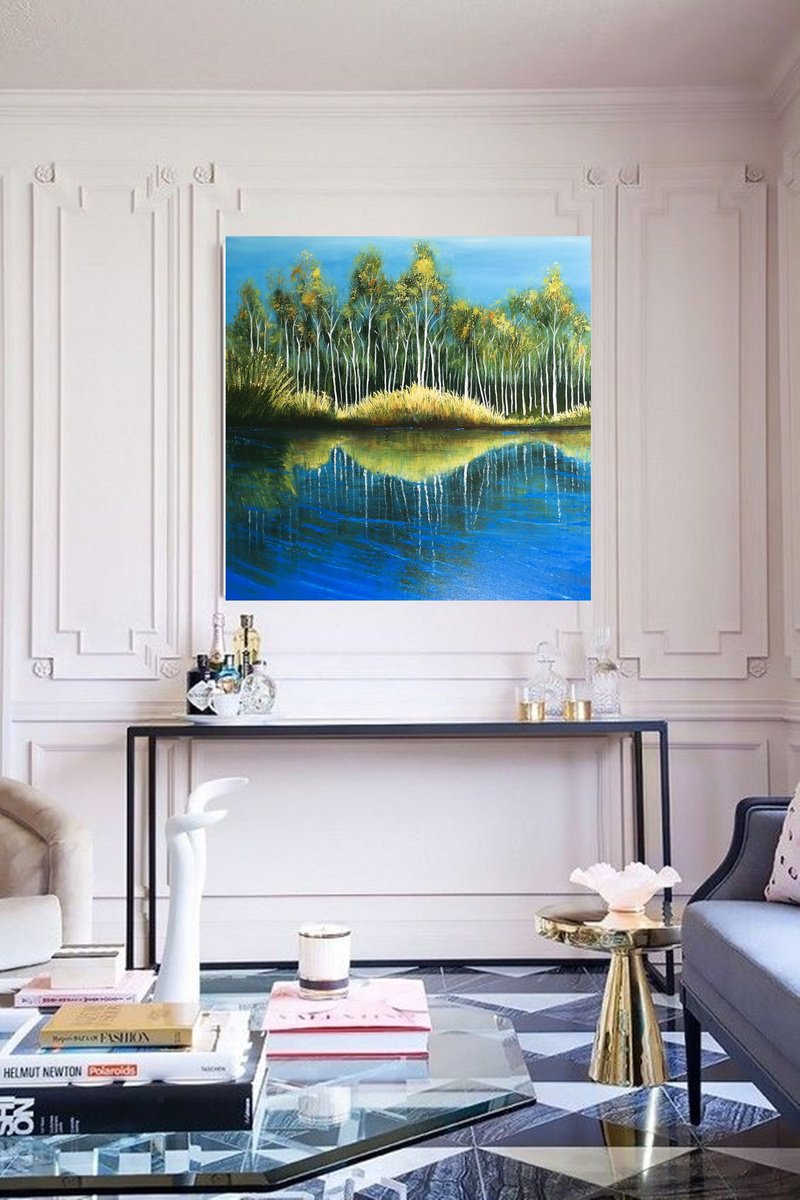 Impressionistic Landscape Acrylic Painting By Danijela Dan, 31 X 31, The Mirror Of Trees, Original Artwork