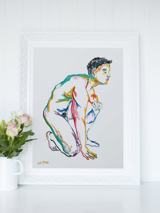 Male Nude Art Original Painting Drawing Charcoal Water Colour Nude