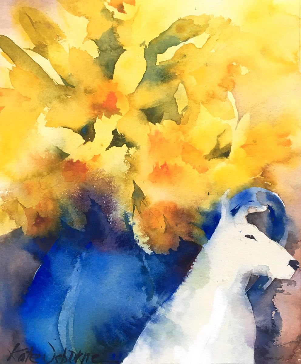 China Bull Terrier and Daffodils by Kate Osborne