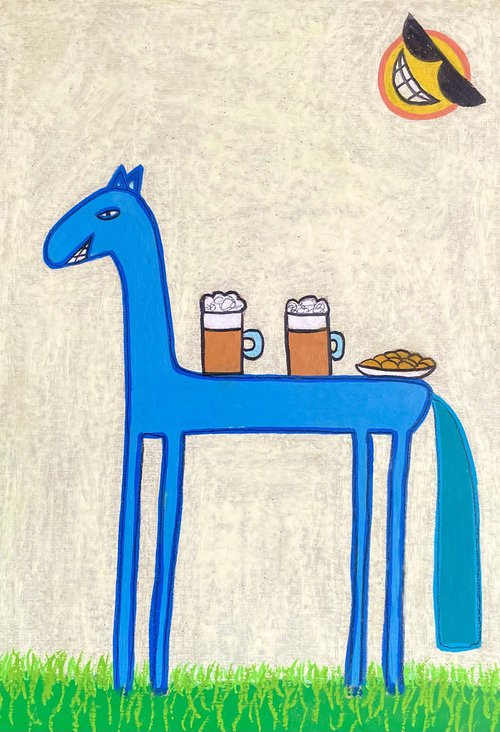 Blue Horse with beer and chips by Ann Zhuleva