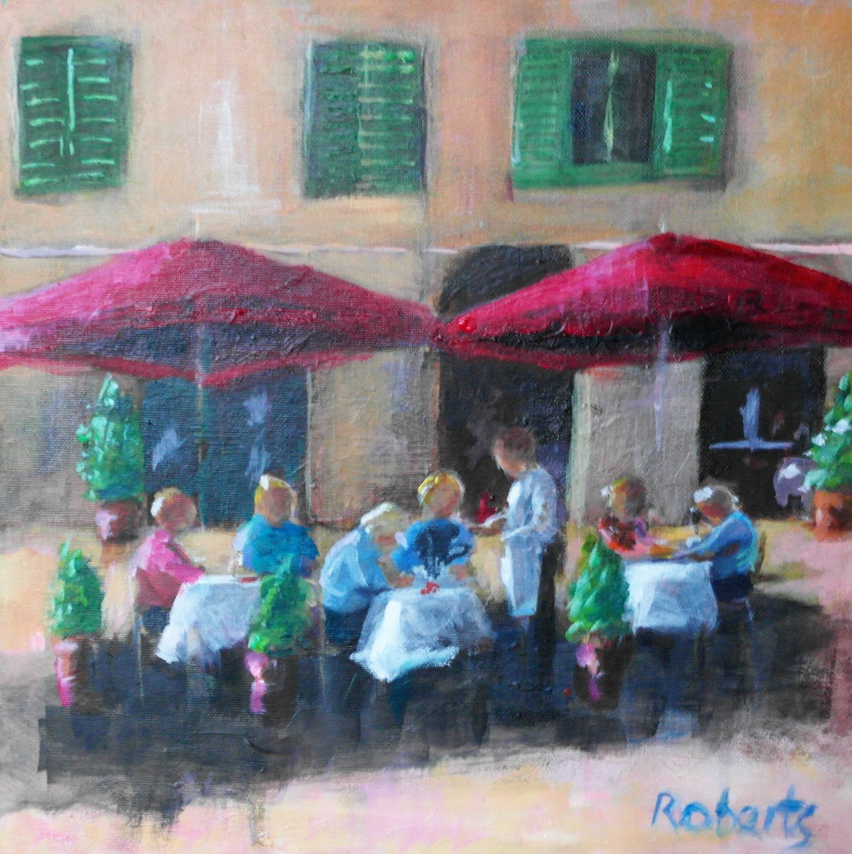 Impressionistic Portrait Acrylic Painting By Rosalind Roberts, 12 X 12", Al Fresco, Original Artwork