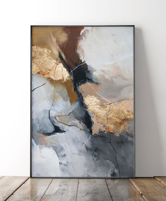 "Wild 2" Grey gold  brown abstract acrylic