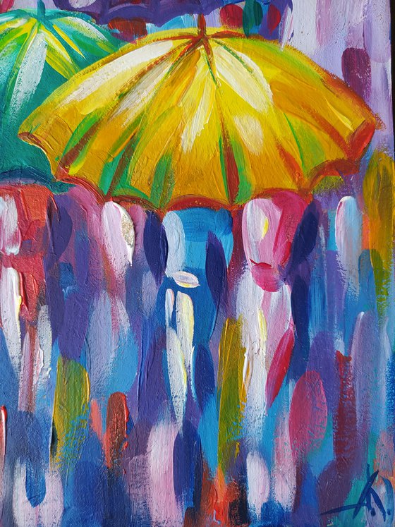Rain in the city - umbrella art, people in the rain, acrylic painting, people art, rain, umbrella, impressionism, gift