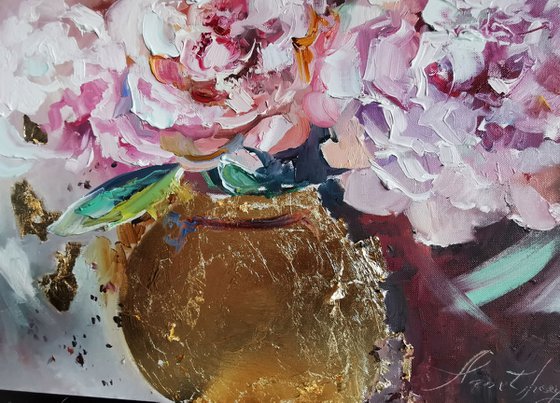 Floral Painting, Peonies painting on paper, Flowers oil art