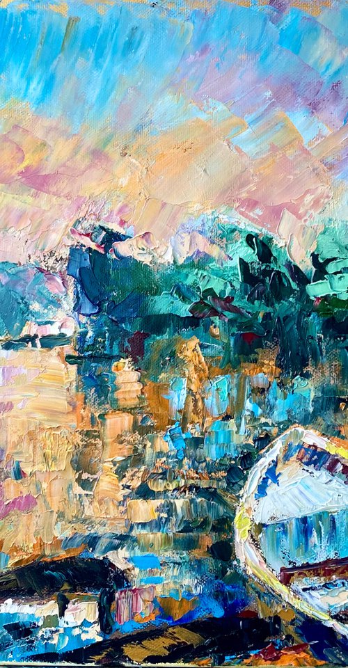 Boat - A way to remember, 35*45cm, impressionistic sunset oil painting with a texture by Olga Blazhko