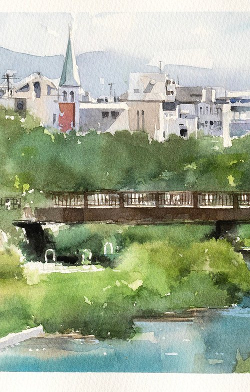 Ashiya River and Church - 30x20cm Sketch by Masato Watanabe
