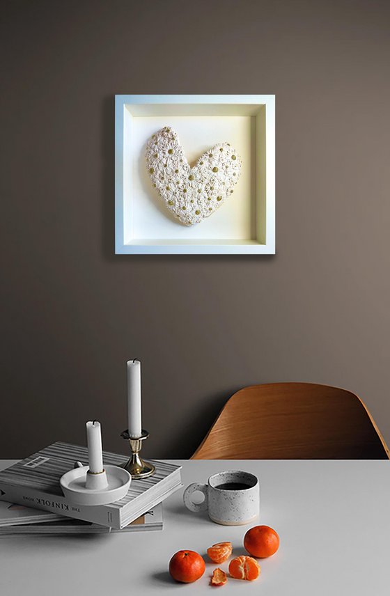 As Fresh as a Daisy (White polymer clay heart with gold)