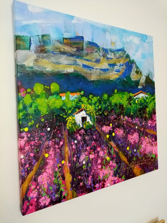 'LAVENDER FIELDS IN SAOU, FRANCE' - Large Acrylics Painting on Canvas Ready to Hang