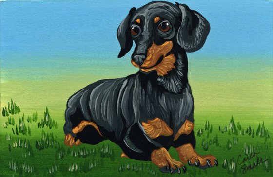 Original Miniature Painting Dachshund Doxie Pet Dog Art-Carla Smale