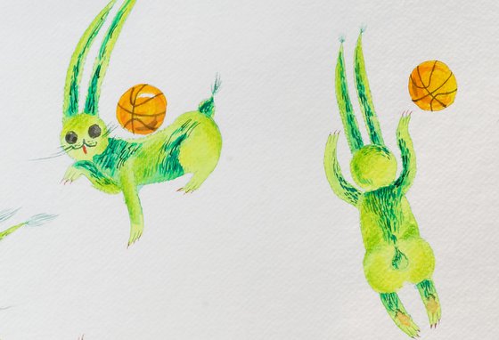 Green bunnies with basketballs