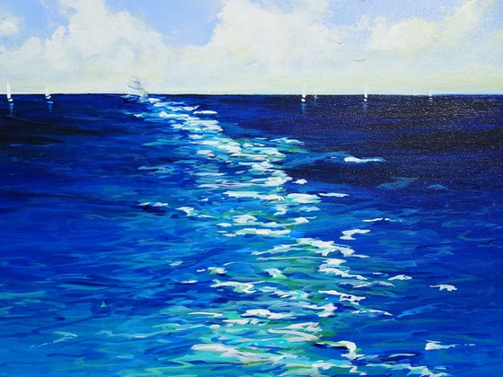 Sailing Boats Seascape Coastal Painting. Beach, Ocean, Sea Waves, Sky with Clouds. Coastal Decor Art.