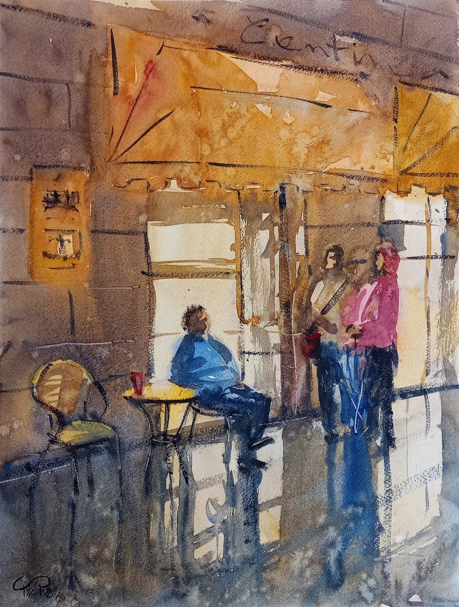 Expressive Watercolour , Cafe At Night #3 By Tollo Pozzi, 15 X 20, Artwork For Sale On Artfinder