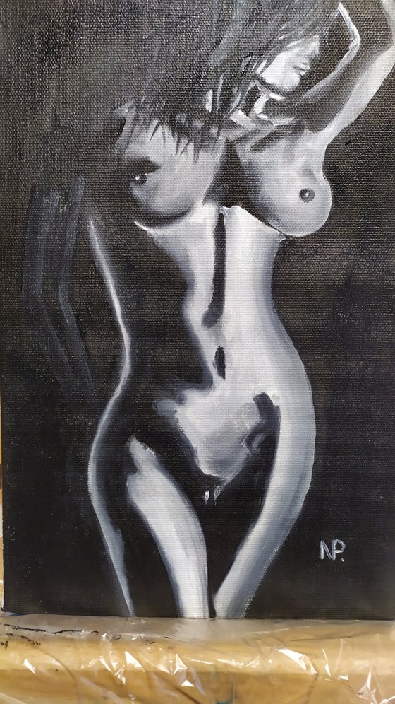 Girl, nude erotic black and white small oil painting, gift, bedroom art