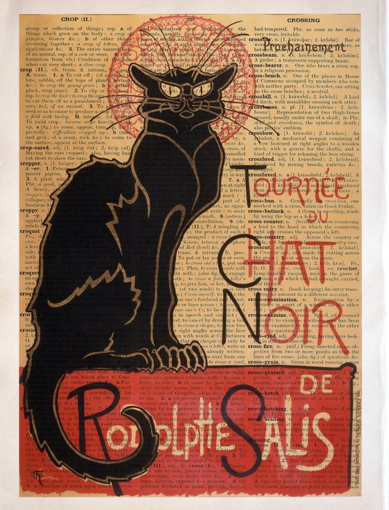 Cabaret du Chat Noir - Collage Art Print on Large Real English Dictionary Vintage Book Page