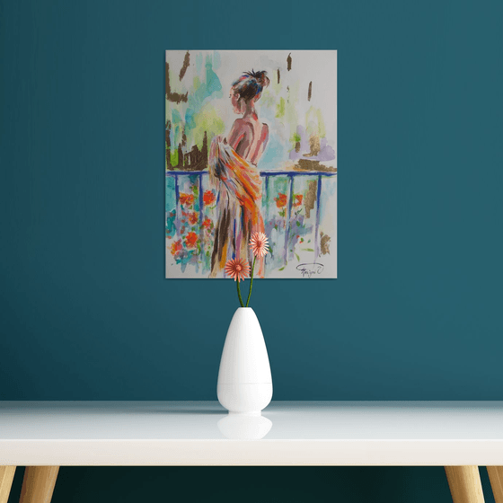 Vanessa at the Balcony- Mixed Media Nude Woman  Painting on Paper