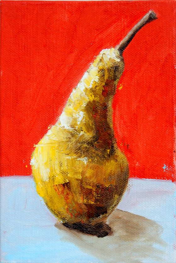 Pear. Small painting. Still life, 10x15cm
