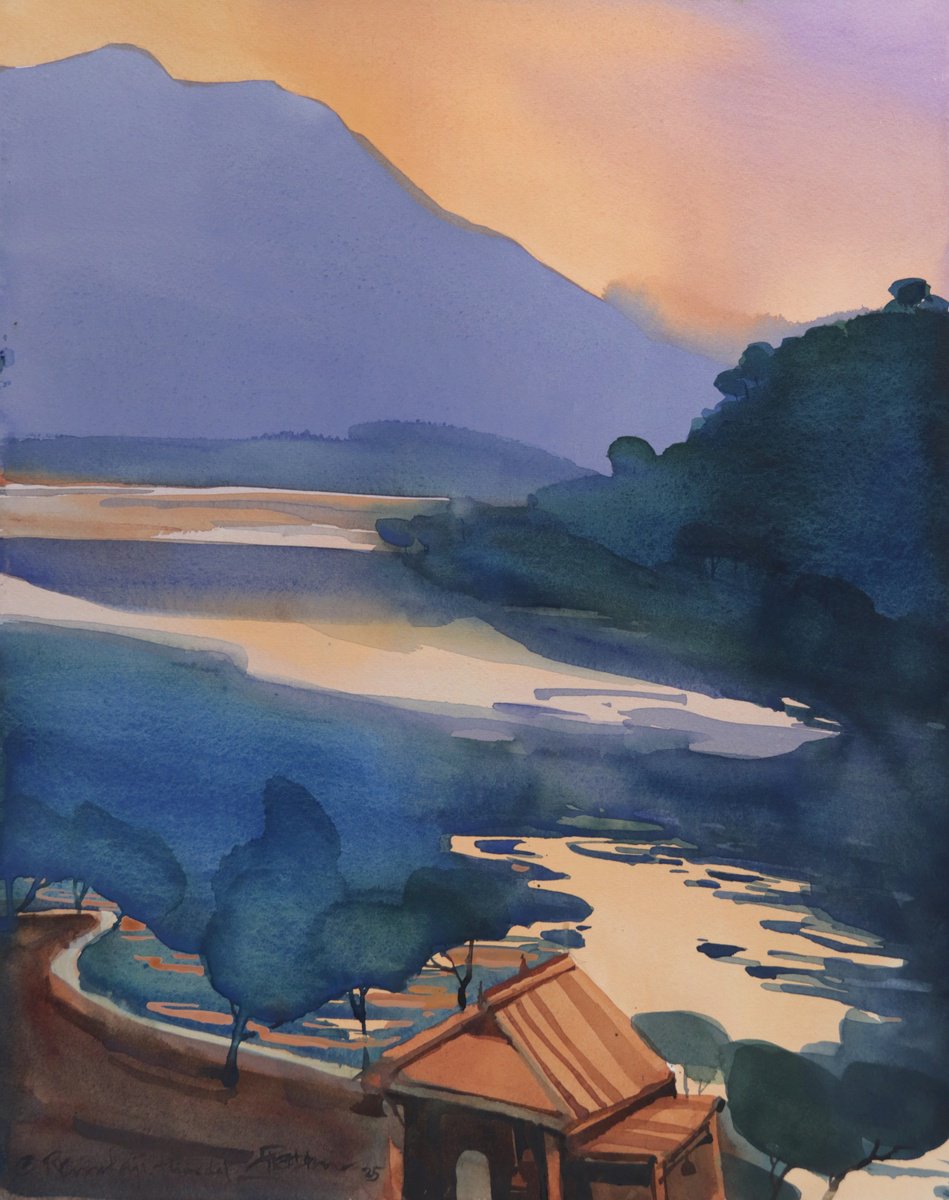 Impressionistic Landscape Watercolour By Prashant Prabhu, 16 X 20", Vibrance Of Dawn, Original Artwork