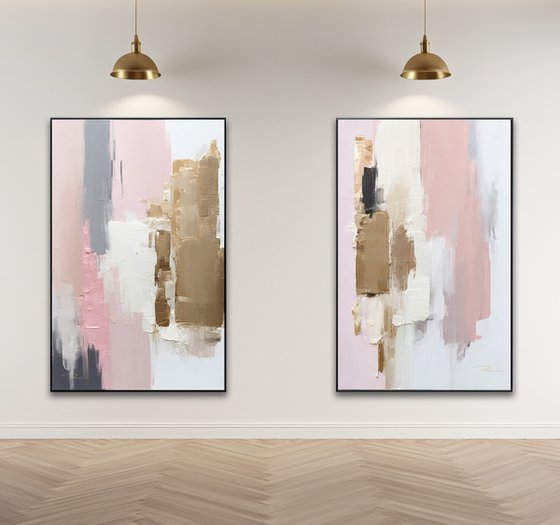 Pastel Pink and Gold Urban Landscape Set of 2