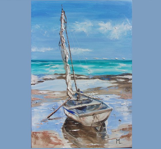 " BLUE BOAT ON LONELY BEACH "