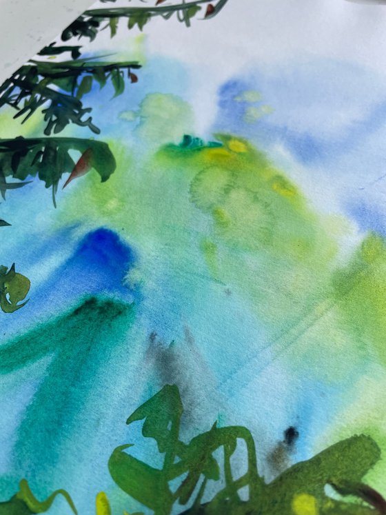 Mountain Watercolor Painting, Foggy Landscape Original Painting, Cozy Home Decor, Green Wall Art