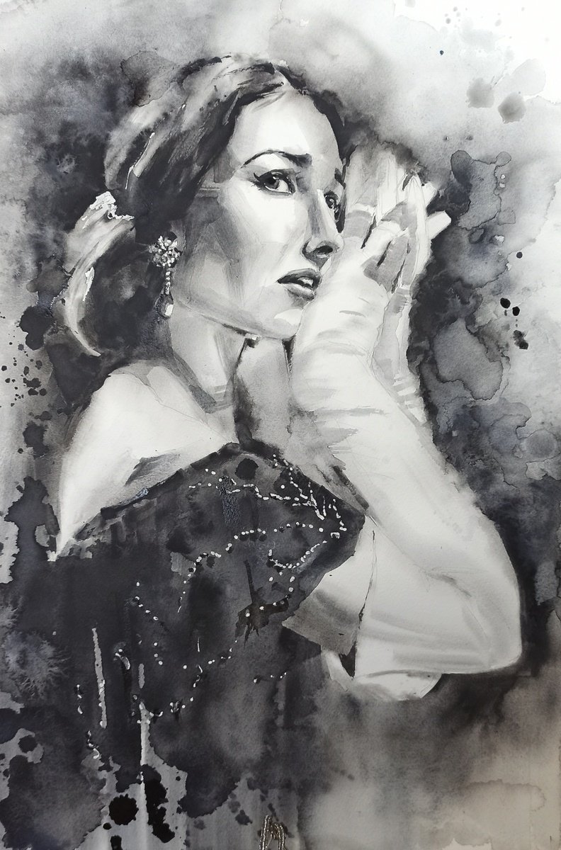 Impressionistic Portrait Watercolour By Olga Drozdova, 15 X 22", La Traviata. Maria Callas., Original Artwork