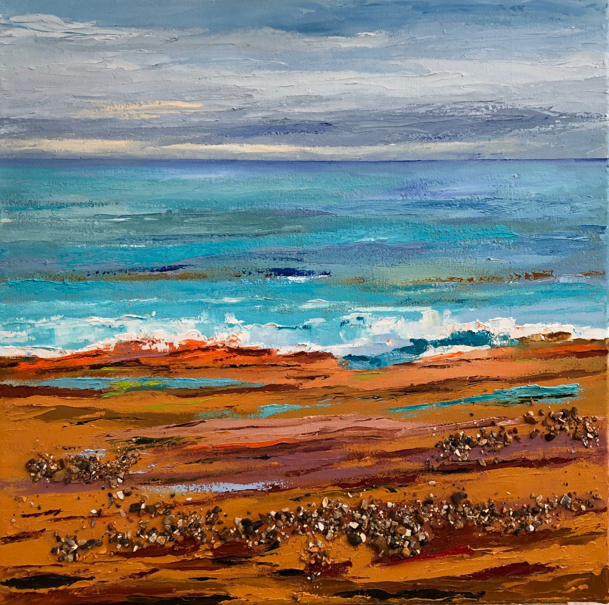 Expressive Oil Painting , Low Tide Pebbles By Ann Palmer, 26 X 26, Artwork For Sale On Artfinder
