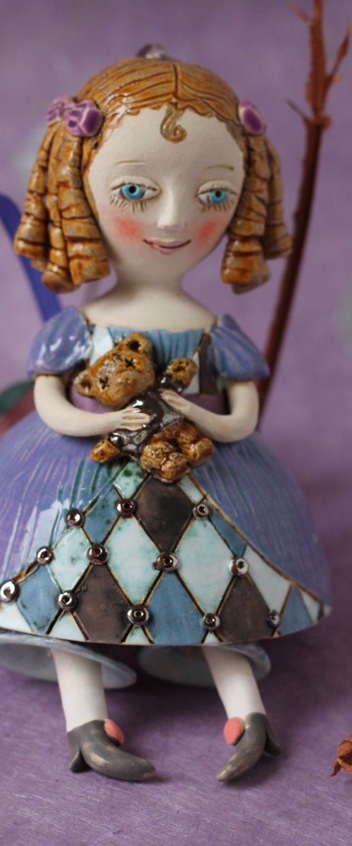 Girl with a teddy bear. Hanging sculpture  by Elya Yalonetski by Elya Yalonetski
