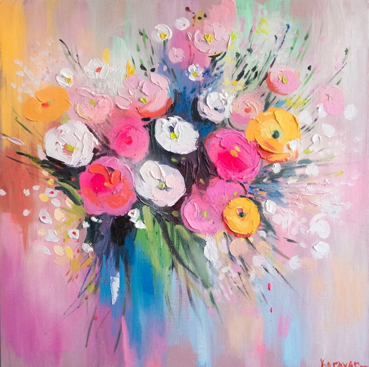 Impressionistic Botanical Acrylic Painting By Nataliia Karavan, 28 X 28", Candy Garden, Original Artwork