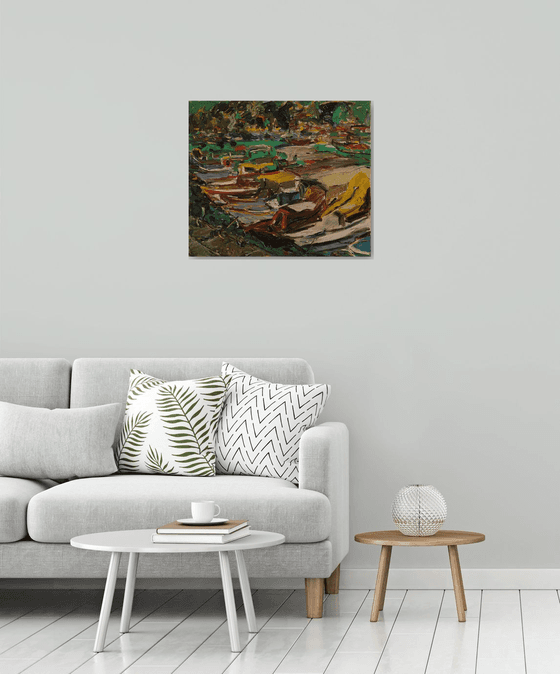 MARMARIS BOATS. TURKEY - Oil on canvas original painting, marina landscape, seascape, sea, boat  60x70