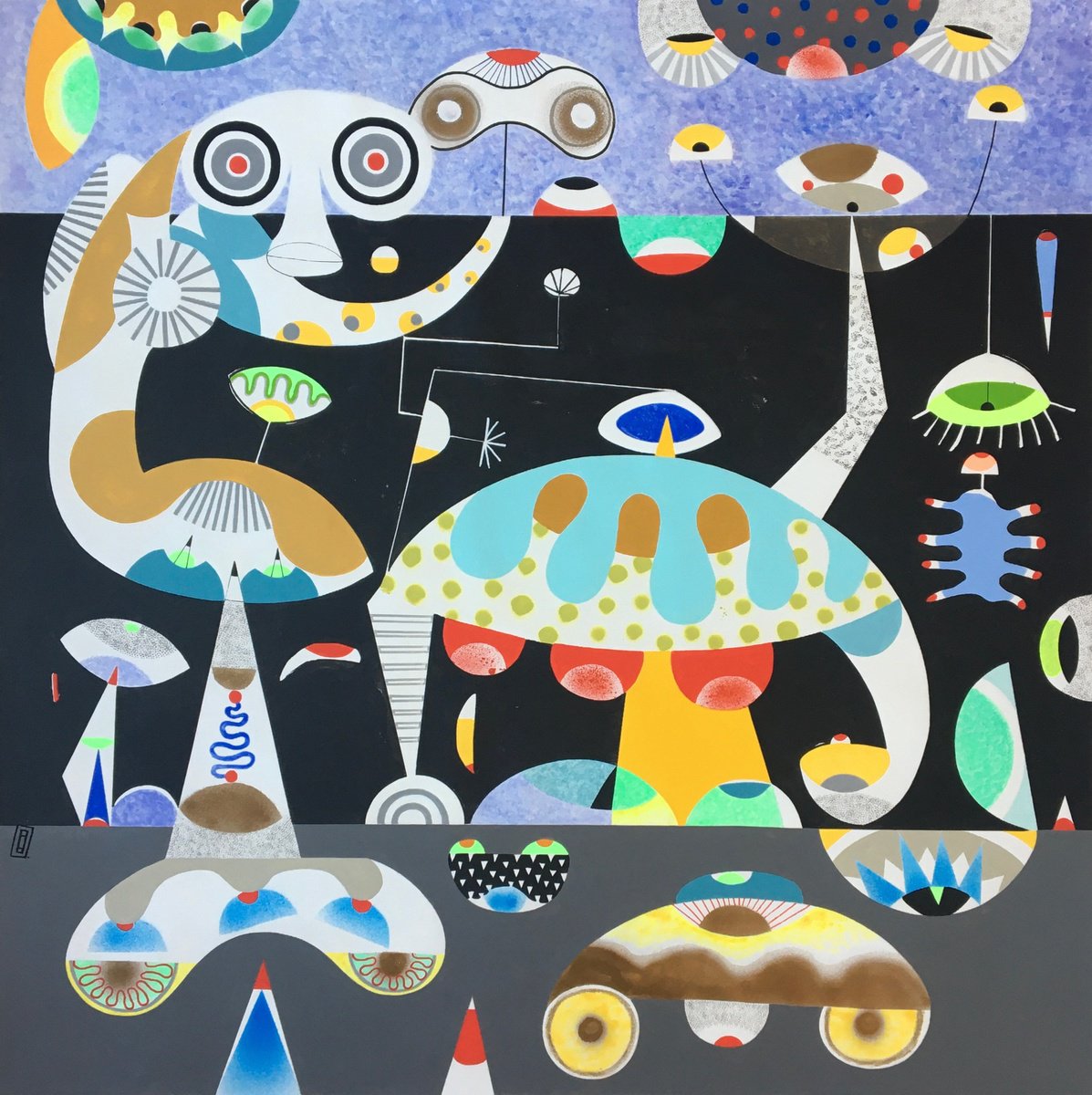 Expressive Abstract Acrylic Painting By Frantisek Florian, 43 X 43, Cosmic Figure, Original Artwork